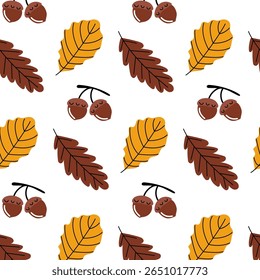 Padrão de outono com bolotas e folhas em cores quentes apresentando temas sazonais