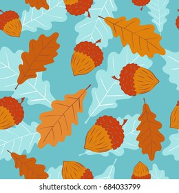 Autumn pattern with acorns and oak leaves. Vector seamless fall background.