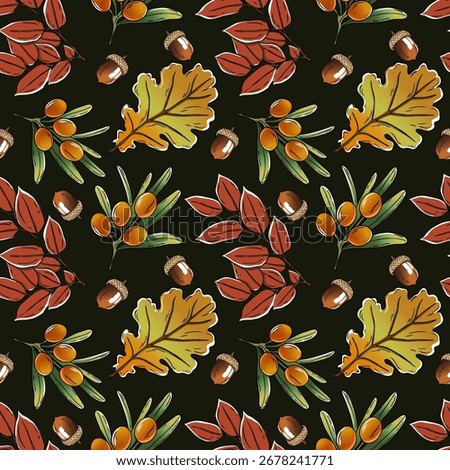 Autumn pattern with acorns, sea buckthorn and oak leaves. Vector illustration