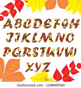 Autumn pattern alphabet. Set of letters, isolated on white, full set