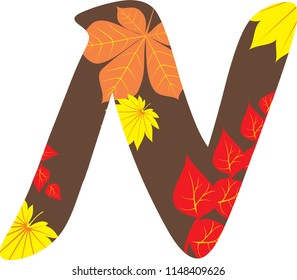Autumn pattern alphabet. Set of letters, isolated on white. Letter N