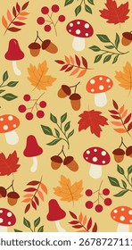 Padrão de outono e fundo com folhas coloridas, cogumelos, bolotas e bagas. O design sazonal é perfeito para decoração de queda, papel de embrulho, têxteis, papel de parede, cartões de saudação e impressões.