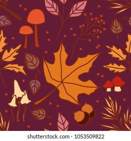 Autumn pattern and background purple with acorns, mushroom, foliage, berries and oak leaves.
