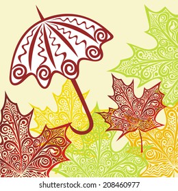 Autumn pattern background with umbrella and leaves vector illustration