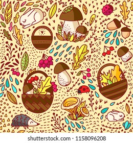 Autumn pattern. Basket with leaves, branches and berries. Autumn bouquet with forest mushrooms, leaves, berries. Hedgehog and bunny are forest inhabitants.