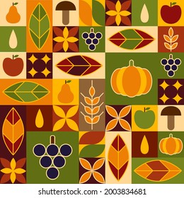 Autumn pattern in bauhaus geometric style. Natural elements in simple geometric shapes, flat style. Good for autumn templates, cover design. Vector.