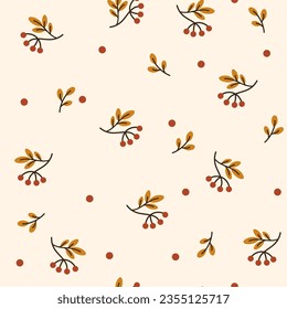 Autumn pattern with berries and foliage. Creative background for fabric, textile, scrapbooking and prints. Vector illustrations for kids.