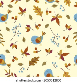 Autumn pattern with birds, leaves and berries
