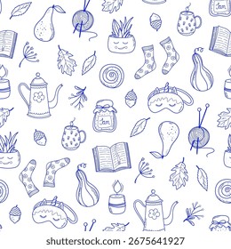 Autumn pattern blue color. Hand drawn vintage doodle drawing. Monochrome print with fall symbols. Hand drawn vector illustration.
