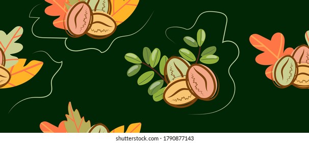 
Autumn pattern border on a dark background.
Coffee beans and autumn leaves.