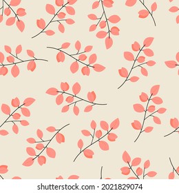 Autumn pattern with branches and red leaves on a light background