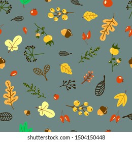 autumn pattern of bright acorn leaves and berries on a dark background. hand drawing in Doodle style.
