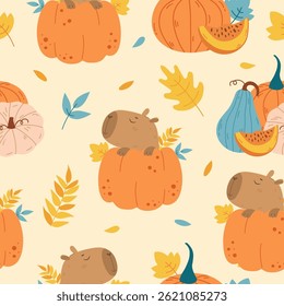 Padrão de outono com capivara, abóbora e folhas