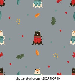 Autumn pattern with cats, leaves and berries.