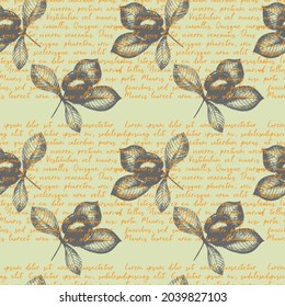 Herbstmuster Kastanienhandzeichnung, Stempel, Aufdruck, Textorange.