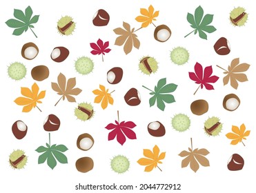 
Autumn pattern with chestnut leaves, chestnuts with bark and without bark and chestnuts in shades of red, green, brown, mustard and ecru on white background