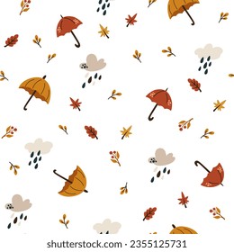Autumn pattern with clouds, umbrellas and rain drops. Creative background for fabric, textile, scrapbooking and prints. Vector illustration.