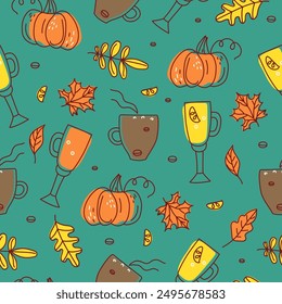 Autumn pattern. Coffee, mulled wine, pumpkin. Set, collection hot drinks in  cup, food, vegetables, autumn leaves. The season is cold. Vector icons, drawings, doodles. Seamless background.