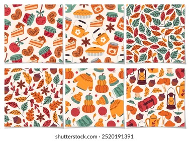 Autumn pattern collection with cozy elements like leaves, pumpkins, acorns, sweaters, and warm food. Seasonal designs, textiles, wrapping paper, fall-themed, thanksgiving decorations. Harvest.