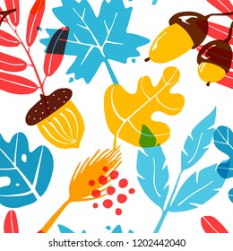 Autumn pattern with color leaves, acorns and graphic elements on white background. Ornament for textile and wrapping. Vector.