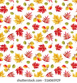 Autumn pattern. Colorful abstract leaves of maple, aspen and rowan. Seamless ornament. Fall season theme. Vector illustration.