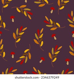 Autumn pattern with colorful branches ans red mushrooms. Design for greeting cards, textile, kids backgrounds and scrapbooking