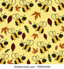 Autumn pattern with colorful fall oak leaves and bees.For textile,texture,prints,fabric, wallpaper, gift paper, pattern fills, web page background, autumn greeting cards.Vector illustration.