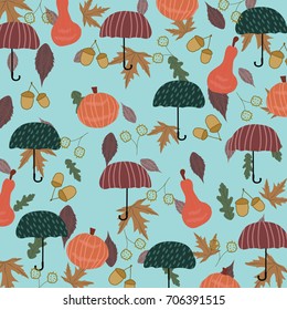 Autumn pattern with colorful fall oak leaves,pumpkins and umbrellas.For textile,texture,prints,fabric,wallpaper,gift paper,pattern fills,web page background, autumn greeting cards.Vector illustration.