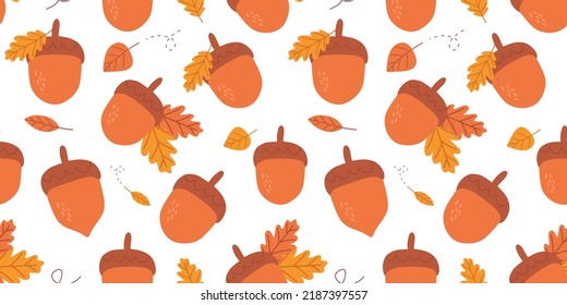Autumn pattern with colorful seasonal leaves and acorns on white background. 