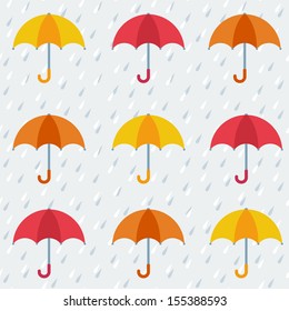 Autumn pattern with colorful umbrellas and rain. Seamless vector background.