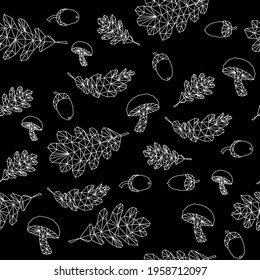 autumn pattern of contours silhouettes acorns oak leaves mushrooms stylish modern low poly black white
