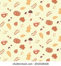 Autumn Pattern Cozy Style with Different Elements - Pumpkin, Coffee Cup, Autumn Leaves, Mushrooms