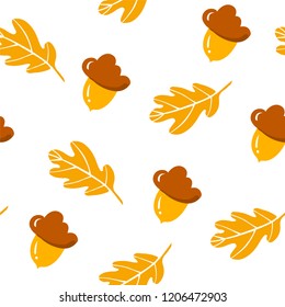 Autumn pattern with cute acorns and oak leaves on white background. Ornament for textile and wrapping. Vector.