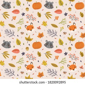 Autumn pattern with cute animals and leaves