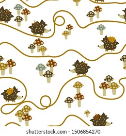 Autumn pattern. Cute forest decoration with hedgehogs