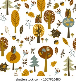 Autumn pattern. Cute forest decoration with a lot of details