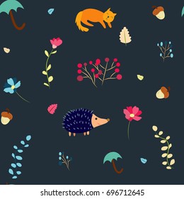 Autumn Pattern with cute hedgehog, cat and umbrella on a dark background. Vector illustration.Cartoon animals pattern