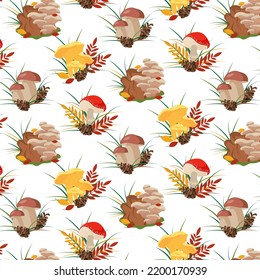 Autumn pattern with cute mushrooms, coniferous cones and leaves. Seamless background, vector illustration in flat cartoon style.