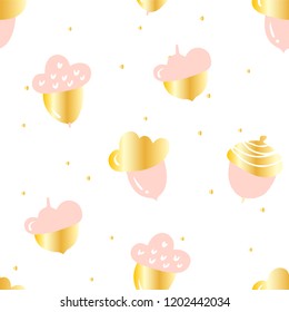 Autumn pattern with cute pink acorns and golden points on white background. Ornament for textile and wrapping. Vector.
