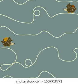 Autumn pattern. Cute road decoration with hedgehogs