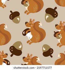 An autumn pattern with a cute squirrel character, acorns and mushrooms found by a red squirrel, a nursery fall theme background  