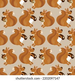An autumn pattern with a cute squirrel character, acorns and mushrooms found by a red squirrel, a nursery fall theme background  