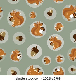 An Autumn Pattern With A Cute Squirrel Character, Acorns And Mushrooms Found By A Red Squirrel, A Nursery Fall Theme Background  