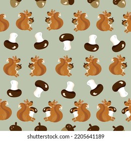 An Autumn Pattern With A Cute Squirrel Character, Acorns And Mushrooms Found By A Red Squirrel, A Nursery Fall Theme Background  