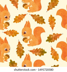 Autumn pattern with cute watercolor squirrels and oak leaves.