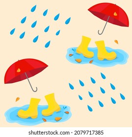 Autumn pattern design with red umbrella, walking yellow rubber boots, blue puddle and raindrops.