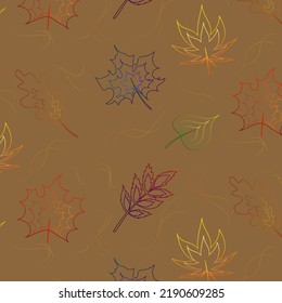 Autumn pattern with different leaves in line art style, vector illustration for printing, backgrounds. Seasonal ornament