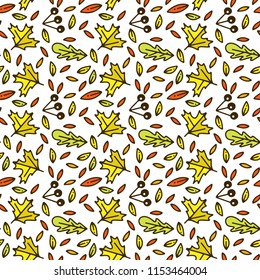 Autumn pattern with doodle leaves. Acorn, an oak leaf, a maple leaf, a twig. On white background
