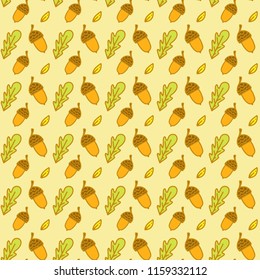 Autumn pattern with doodle leaves. Acorn, an oak leaf, a maple leaf, a twig.