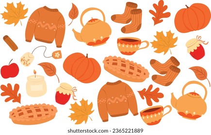 Autumn pattern. Doodle vector elements. Orange leaves